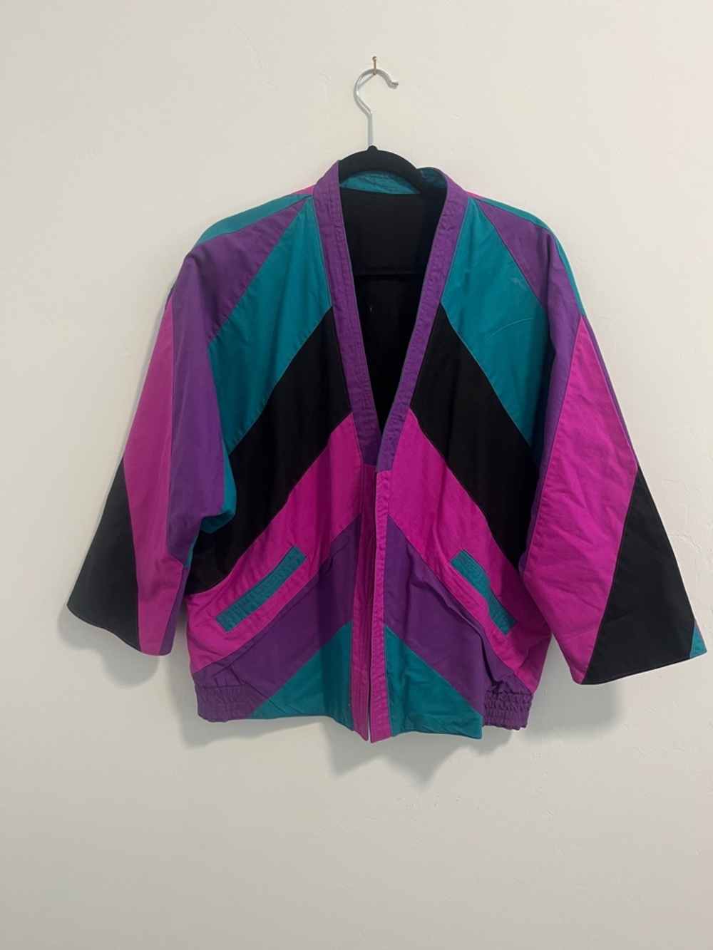 Women’s Vintage 80’s Quilted Kimono Jacket Teal Pink Purple Black - Large